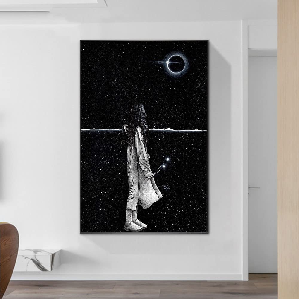 Girl in Dark Night Light Moon Poster Wall Art Prints Canvas